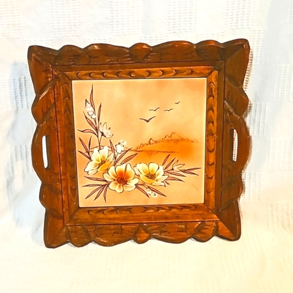 Wood Ceramic Tile Bowl Square Carved Fruit Centerpiece w/ Handles Circa 80's - Picture 2 of 11